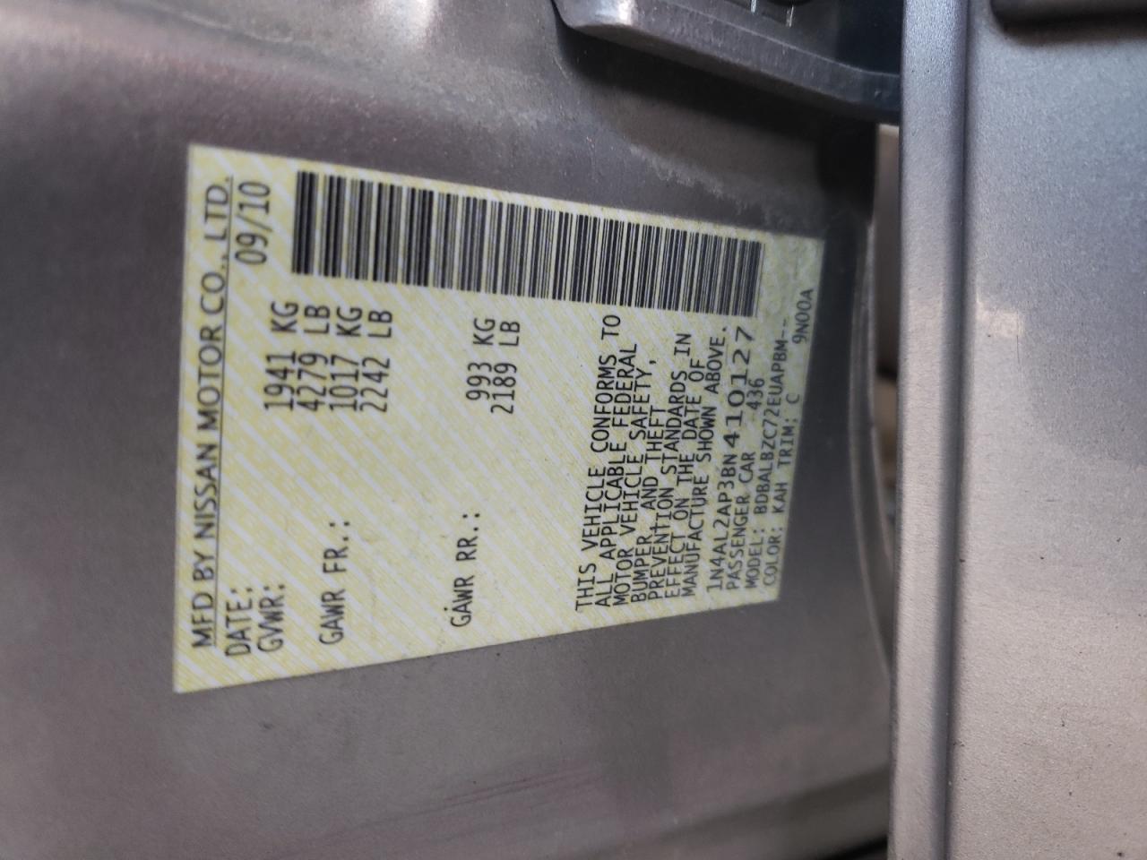 Photo 10 from auction – 2011 NISSAN ALTIMA BAS with VIN 1N4AL2AP3BN410127