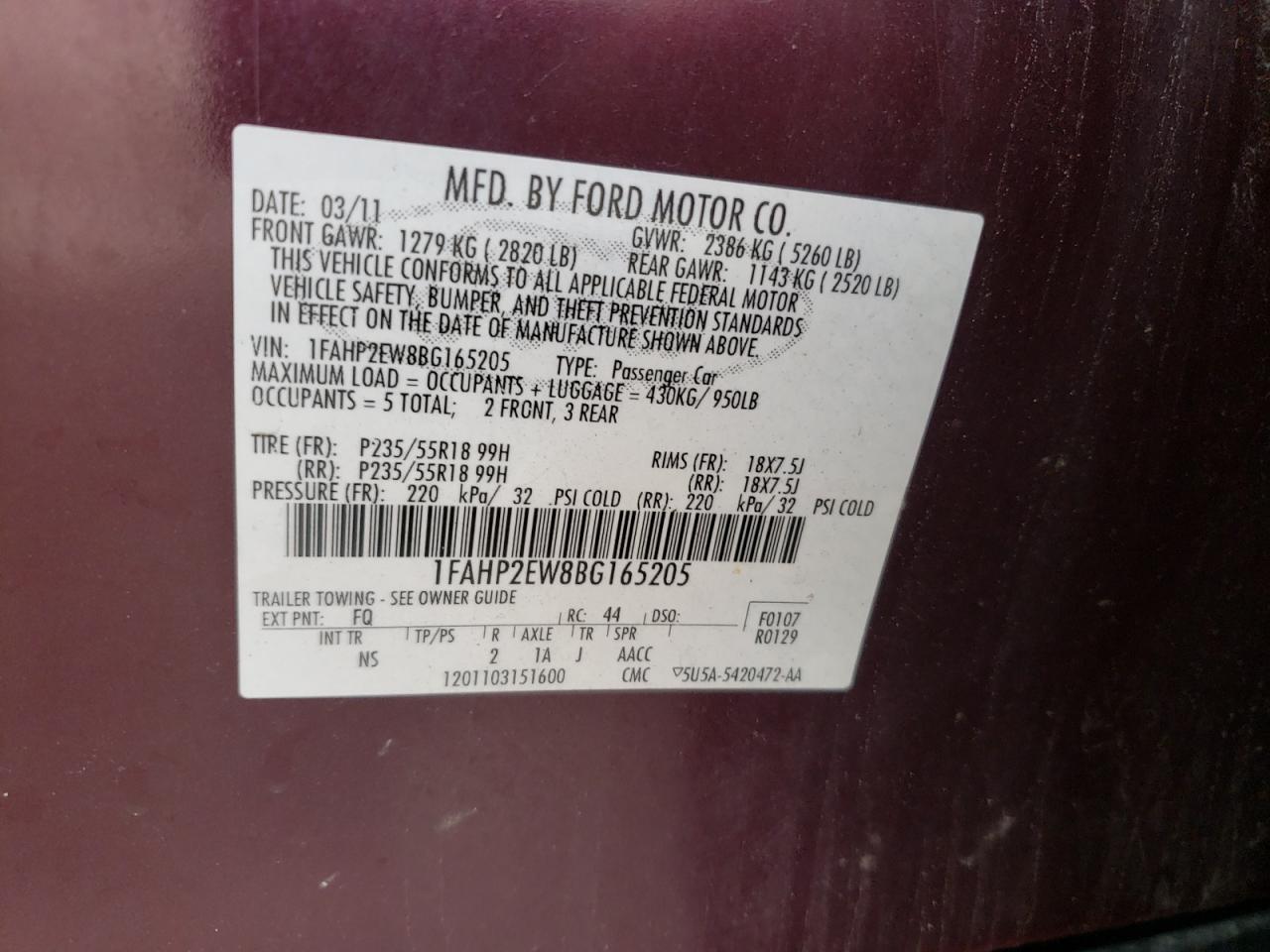 Photo 10 from auction – 2011 FORD TAURUS SEL with VIN 1FAHP2EW8BG165205