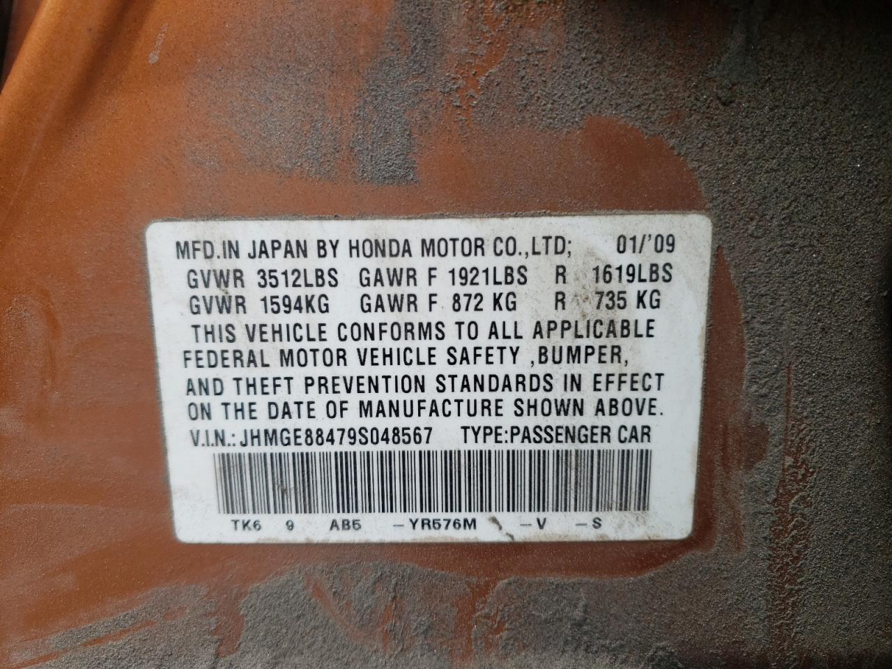 Photo 10 from auction – 2009 HONDA FIT with VIN JHMGE88479S048567