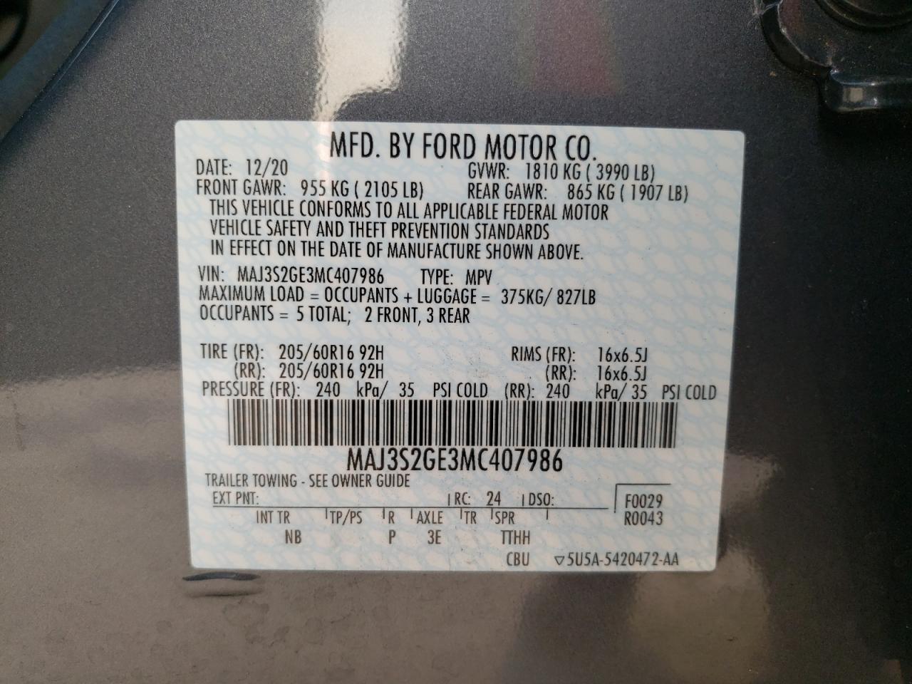 Photo 10 from auction – 2021 FORD ECOSPORT S with VIN MAJ3S2GE3MC407986