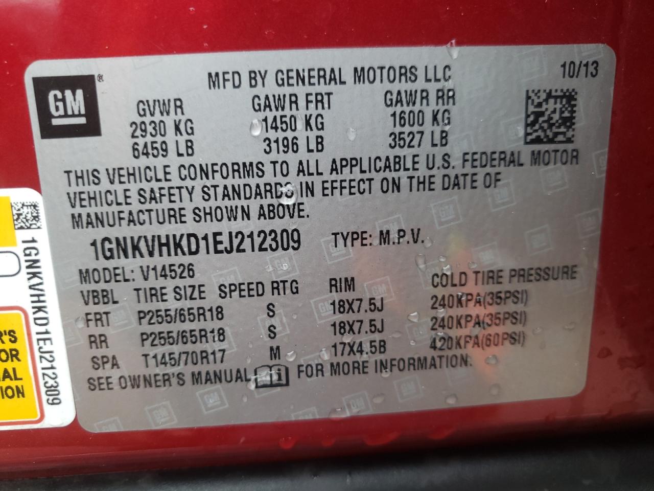 Photo 10 from auction – 2014 CHEVROLET TRAVERSE L with VIN 1GNKVHKD1EJ212309