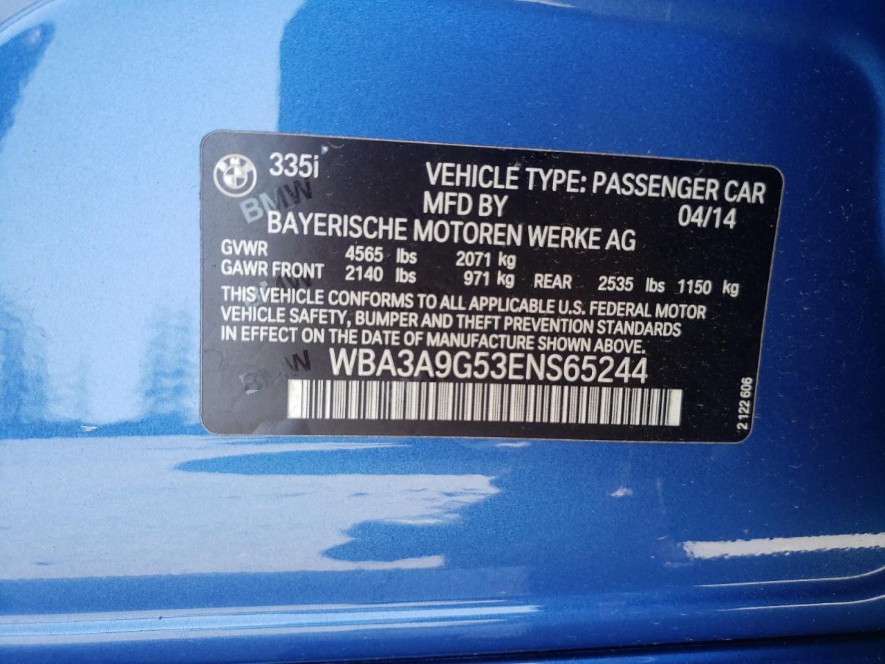 Photo 10 from auction – 2014 BMW 335 I with VIN WBA3A9G53ENS65244