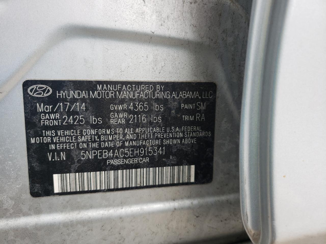 Photo 10 from auction – 2014 HYUNDAI SONATA GLS with VIN 5NPEB4AC5EH915341