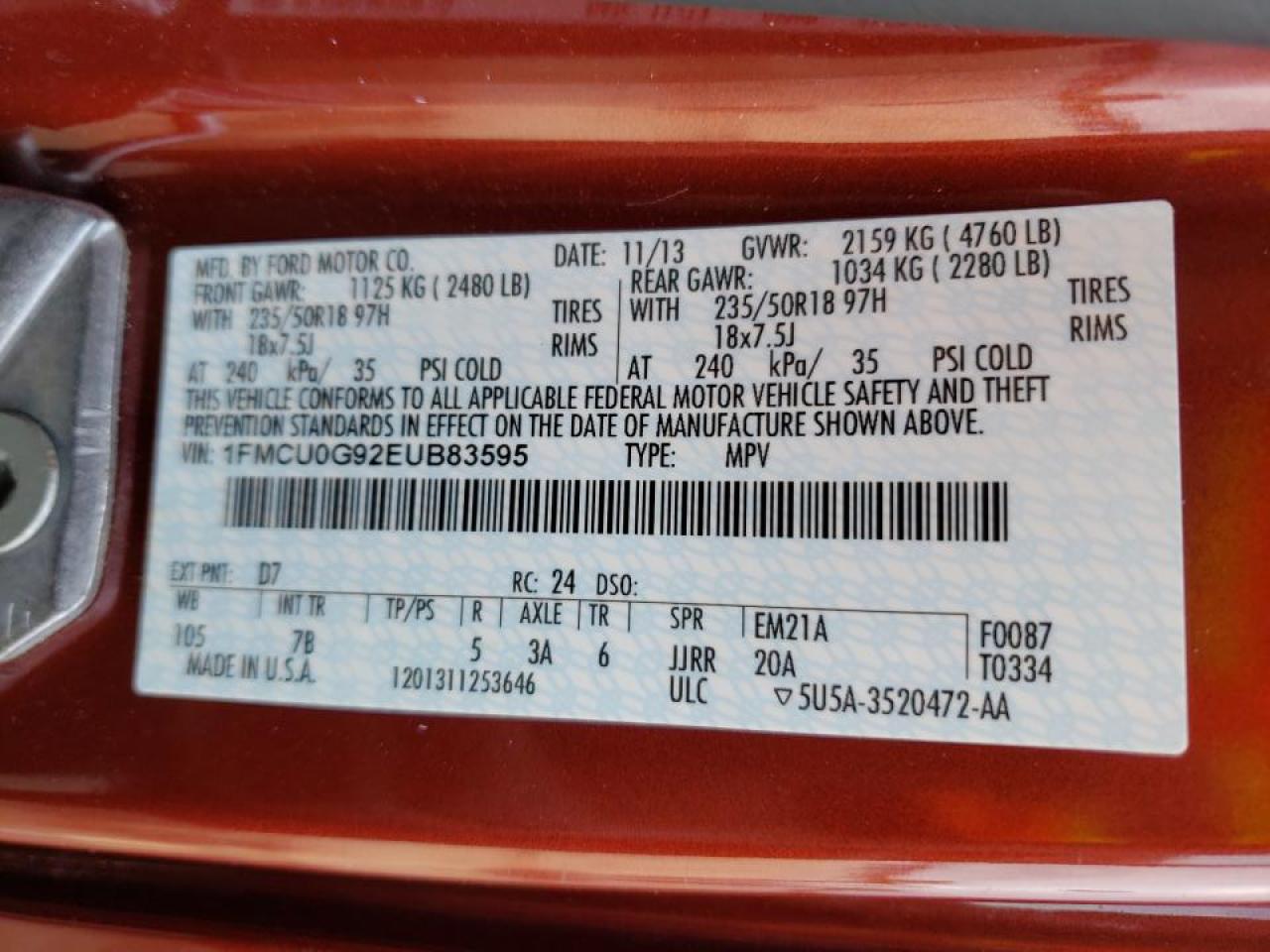 Photo 10 from auction – 2014 FORD ESCAPE SE with VIN 1FMCU0G92EUB83595