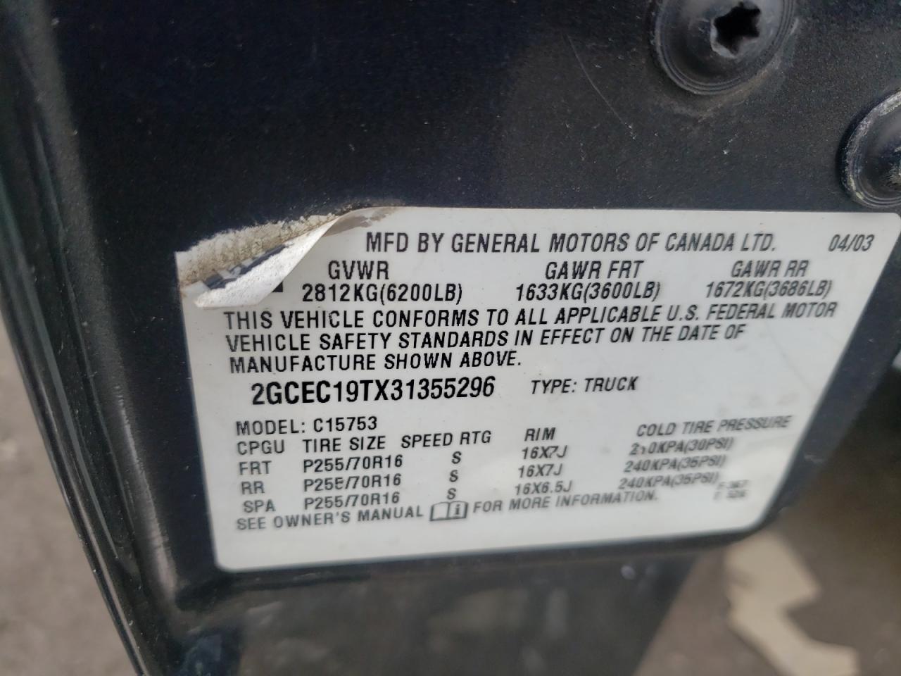 Photo 10 from auction – 2003 CHEVROLET SILVERADO with VIN 2GCEC19TX31355296