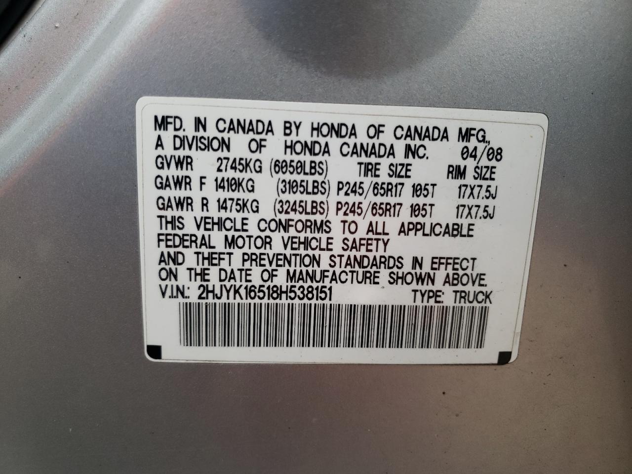 Photo 10 from auction – 2008 HONDA RIDGELINE with VIN 2HJYK16518H538151