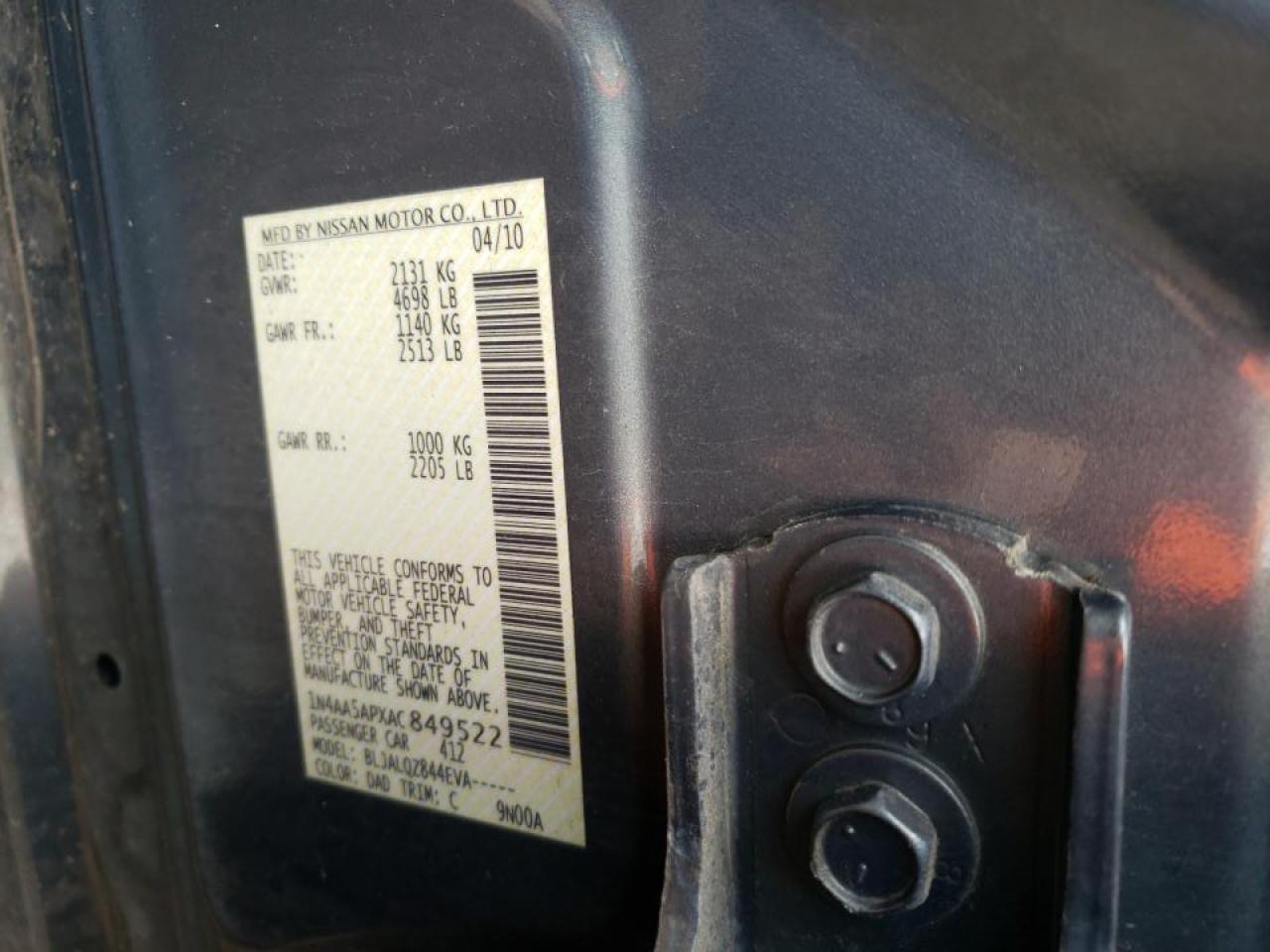 Photo 10 from auction – 2010 NISSAN MAXIMA S with VIN 1N4AA5APXAC849522