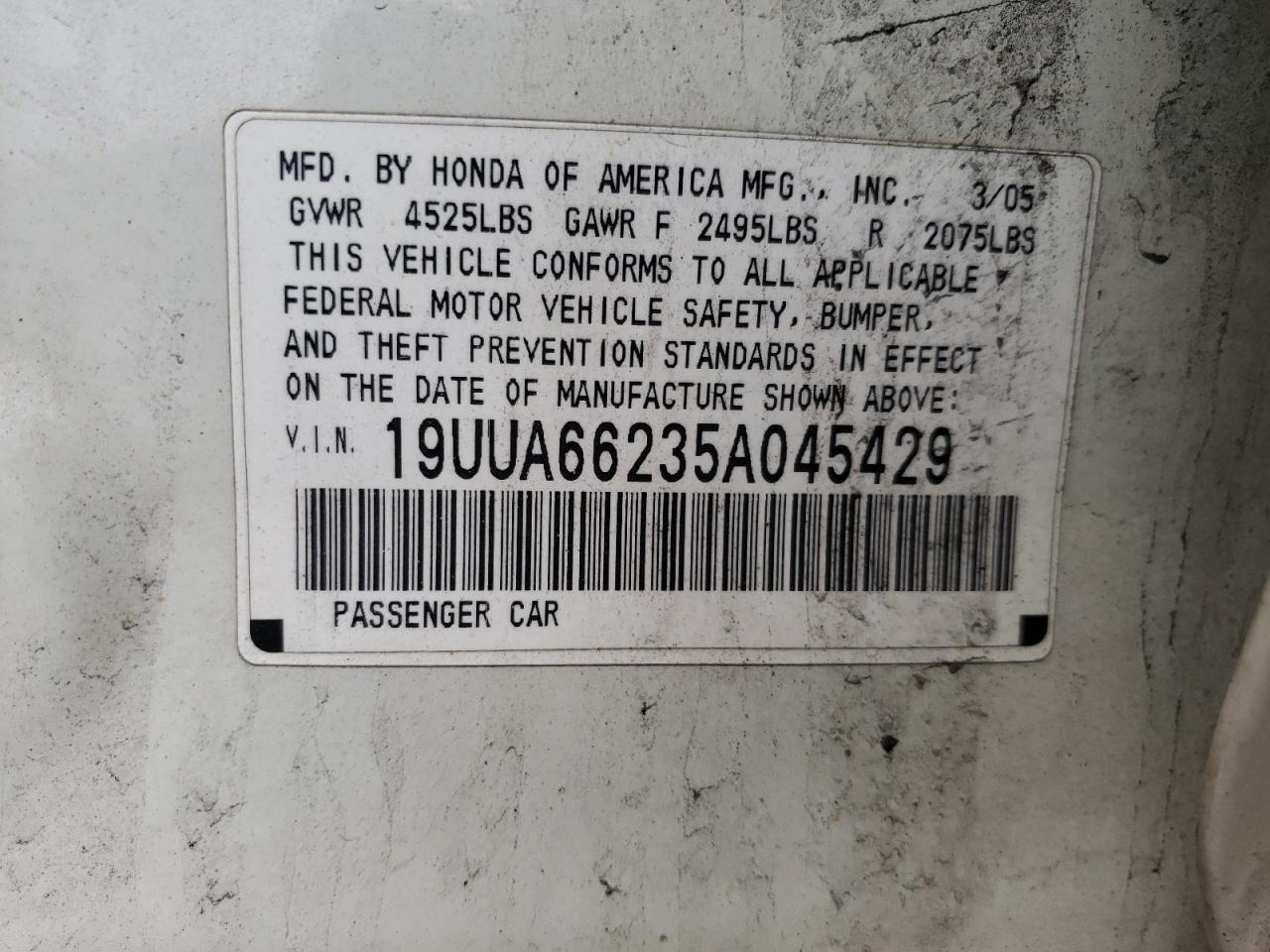 Photo 10 from auction – 2005 ACURA TL with VIN 19UUA66235A045429