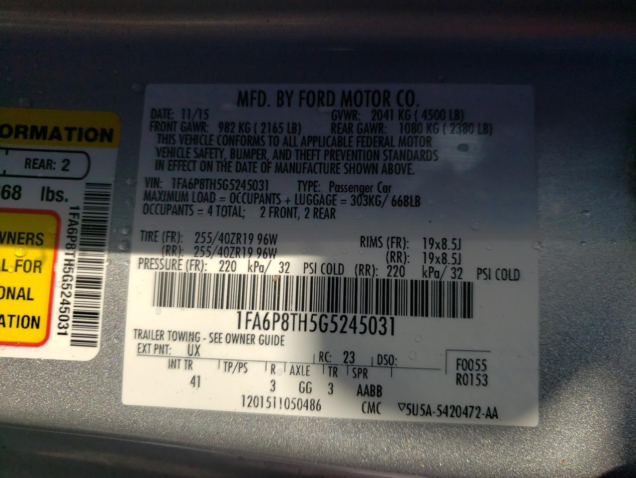 Photo 10 from auction – 2016 FORD MUSTANG with VIN 1FA6P8TH5G5245031