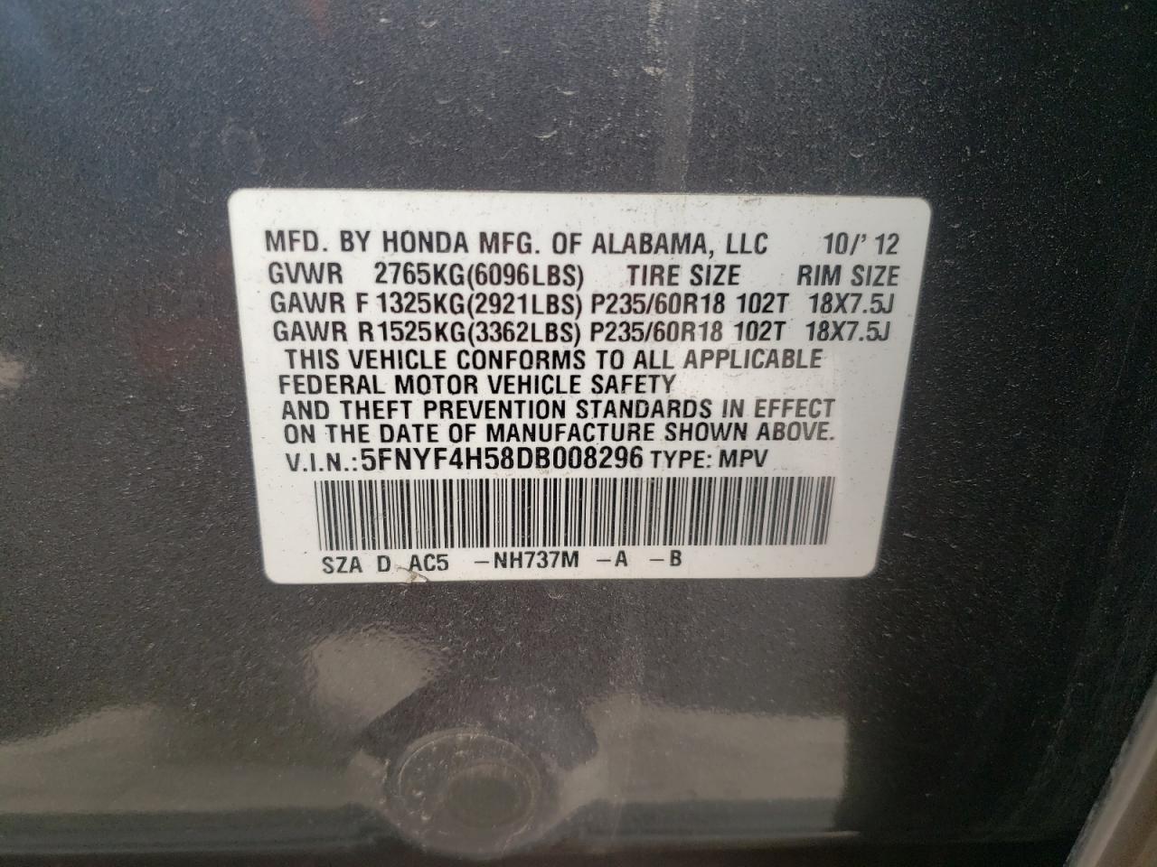 Photo 10 from auction – 2013 HONDA PILOT EXL with VIN 5FNYF4H58DB008296