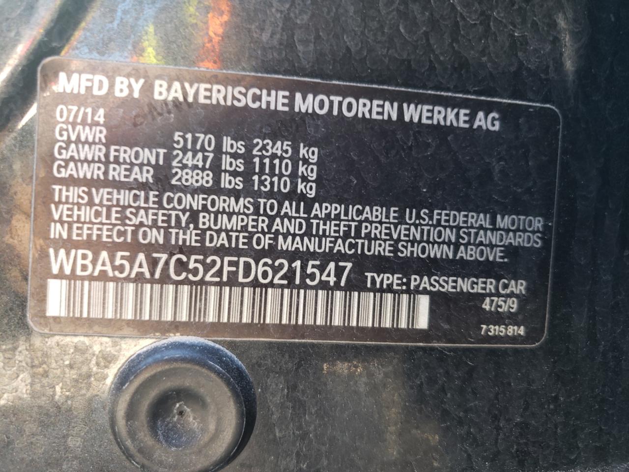 Photo 10 from auction – 2015 BMW 528 XI with VIN WBA5A7C52FD621547