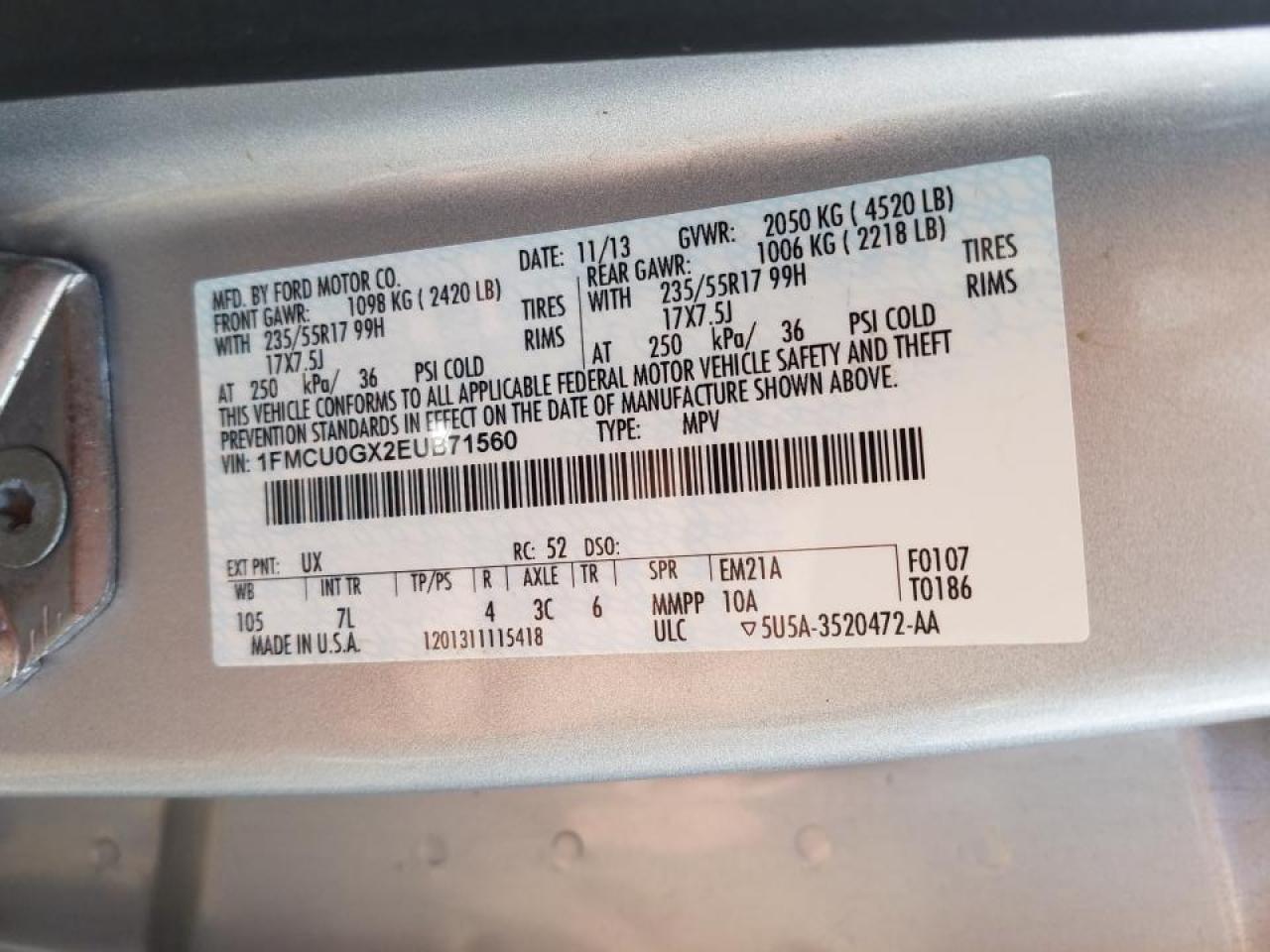 Photo 10 from auction – 2014 FORD ESCAPE SE with VIN 1FMCU0GX2EUB71560