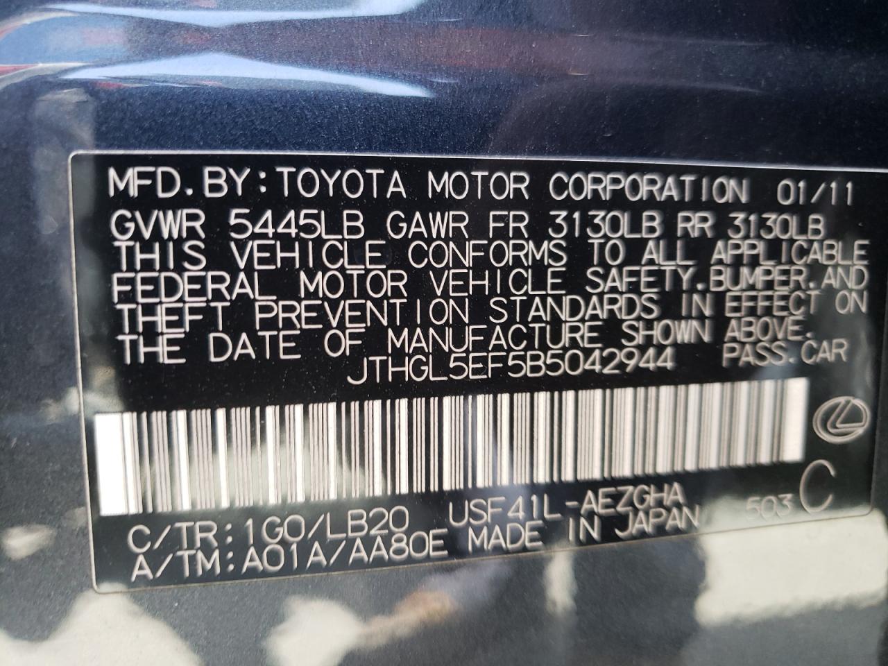 Photo 10 from auction – 2011 LEXUS LS 460L with VIN JTHGL5EF5B5042944