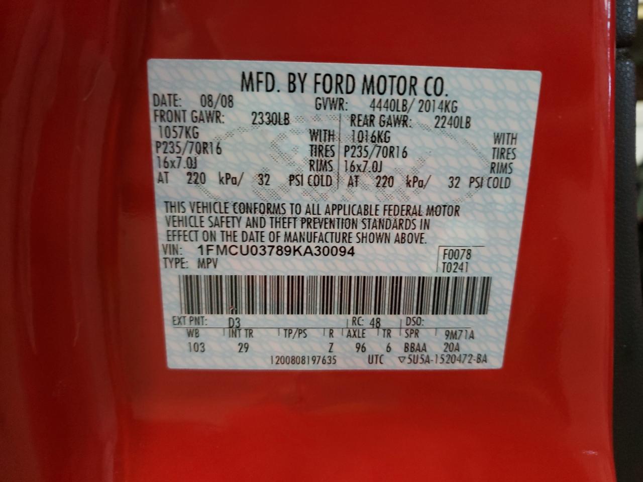 Photo 10 from auction – 2009 FORD ESCAPE XLT with VIN 1FMCU03789KA30094