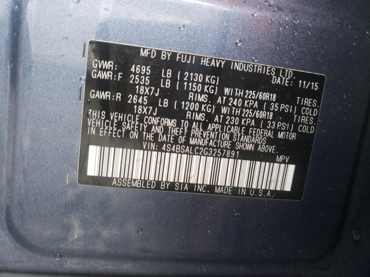 Photo 10 from auction – 2016 SUBARU OUTBACK 2. with VIN 4S4BSALC2G3257891