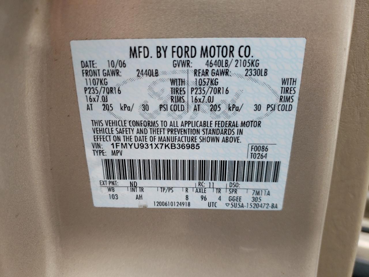 Photo 10 from auction – 2007 FORD ESCAPE XLT with VIN 1FMYU931X7KB36985