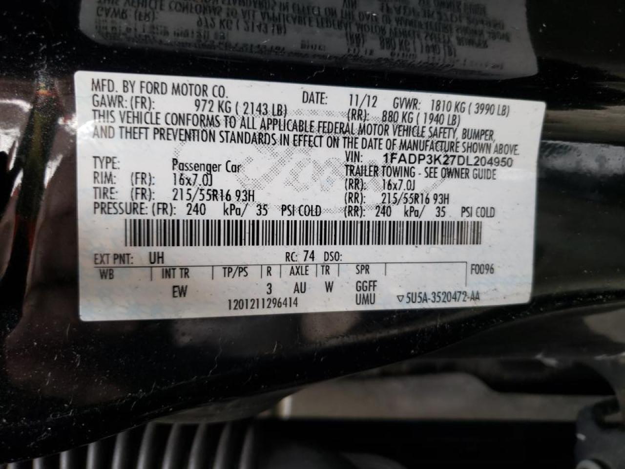 Photo 10 from auction – 2013 FORD FOCUS SE with VIN 1FADP3K27DL204950