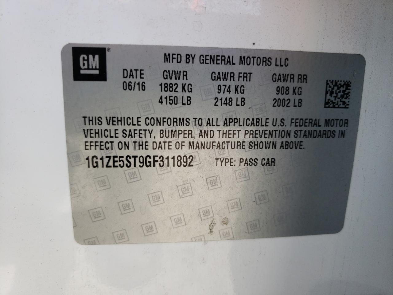 Photo 10 from auction – 2016 CHEVROLET MALIBU LT with VIN 1G1ZE5ST9GF311892
