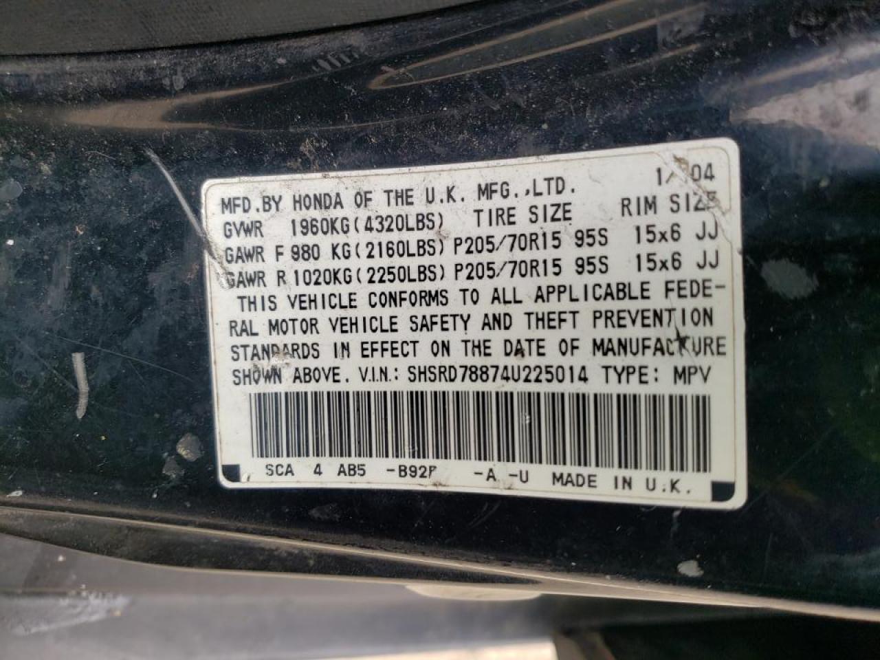 Photo 10 from auction – 2004 HONDA CR-V EX with VIN SHSRD78874U225014