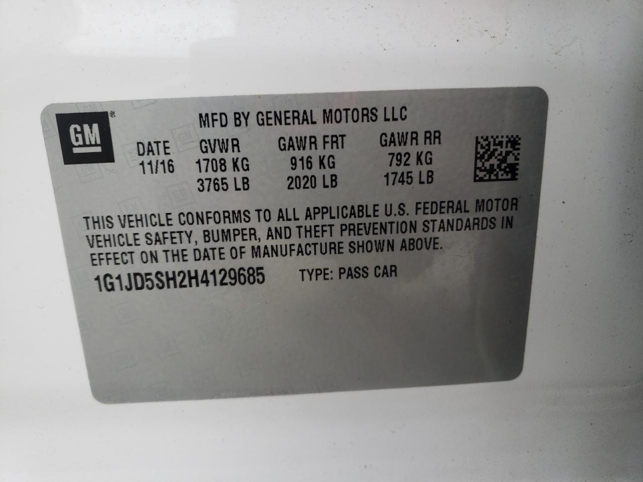 Photo 10 from auction – 2017 CHEVROLET SONIC LT with VIN 1G1JD5SH2H4129685