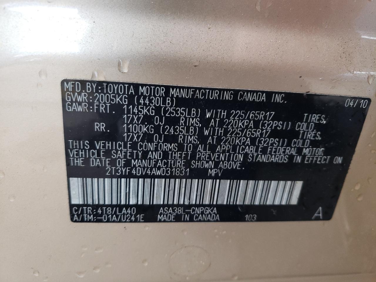 Photo 10 from auction – 2010 TOYOTA RAV4 LIMIT with VIN 2T3YF4DV4AW031831