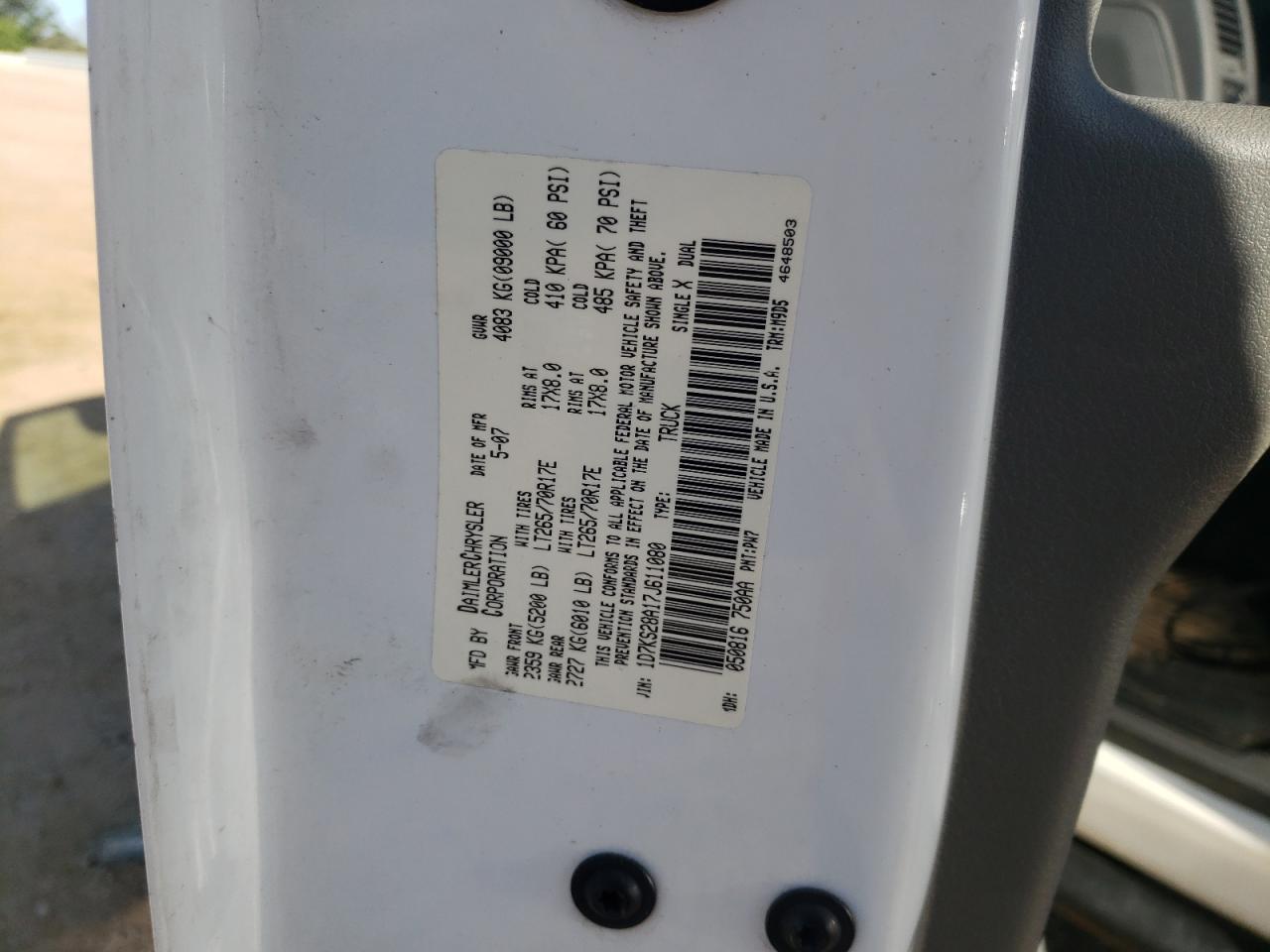 Photo 10 from auction – 2007 DODGE RAM 2500 S with VIN 1D7KS28A17J611080