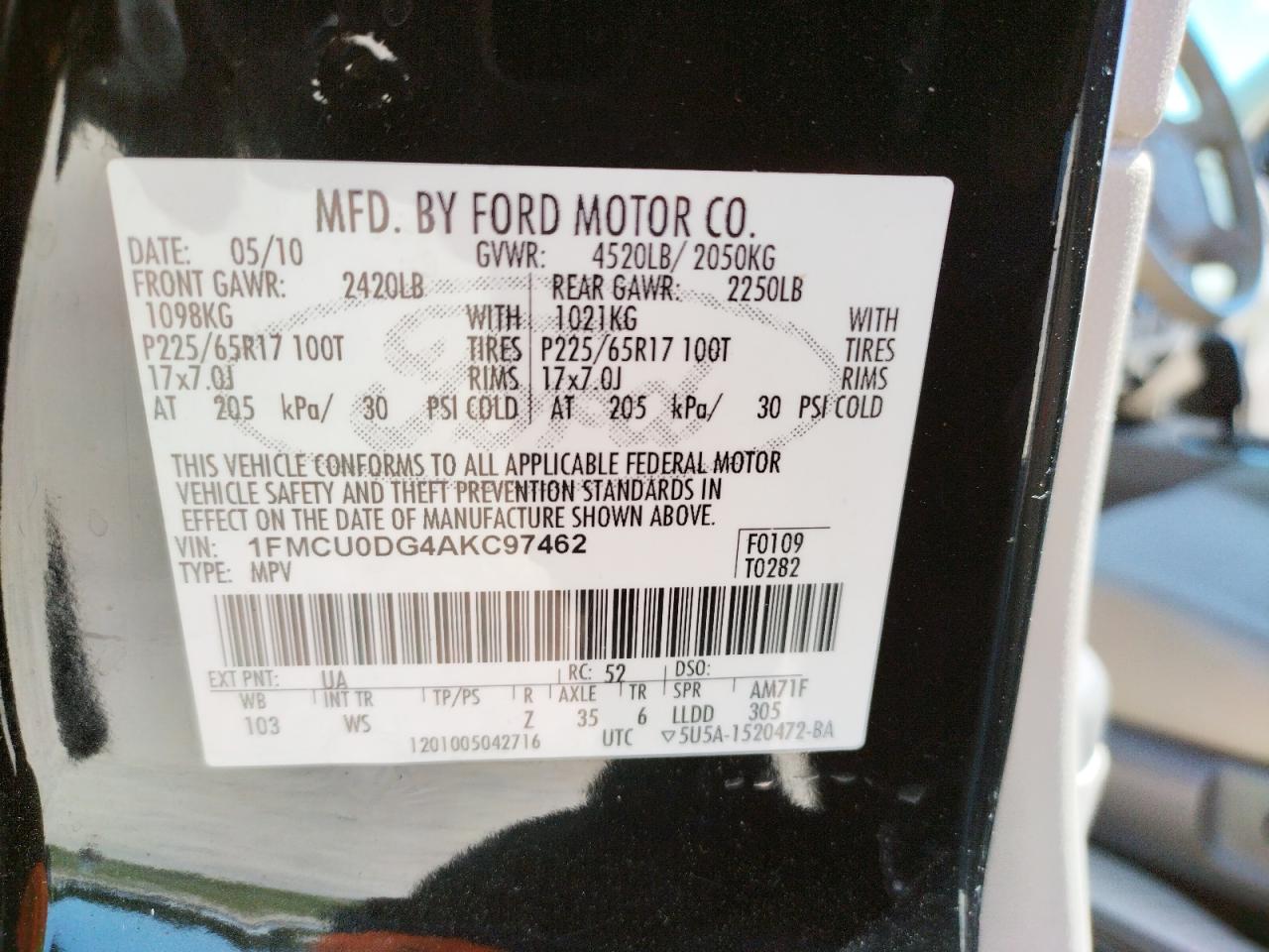 Photo 10 from auction – 2010 FORD ESCAPE XLT with VIN 1FMCU0DG4AKC97462