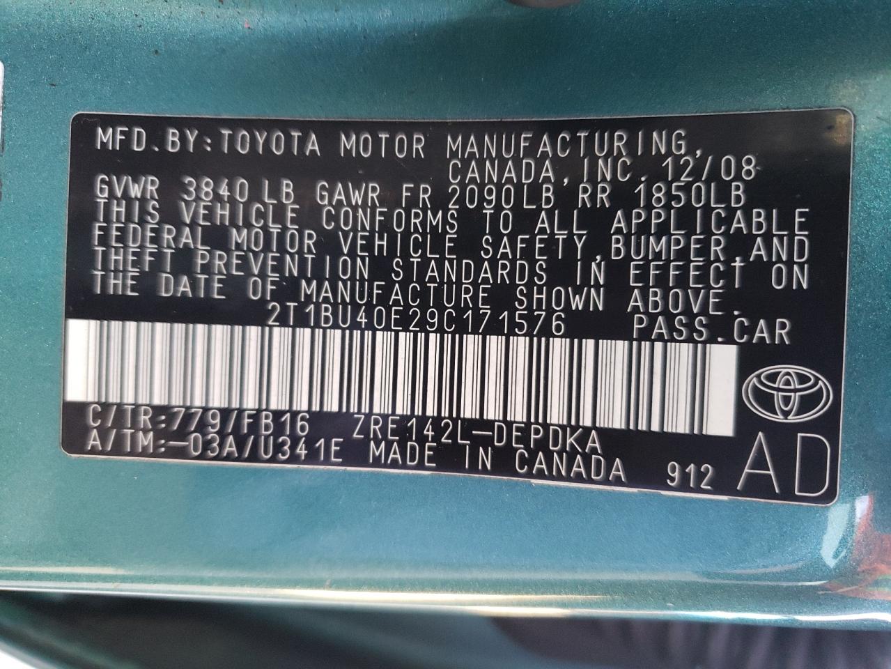 Photo 10 from auction – 2009 TOYOTA COROLLA BA with VIN 2T1BU40E29C171576
