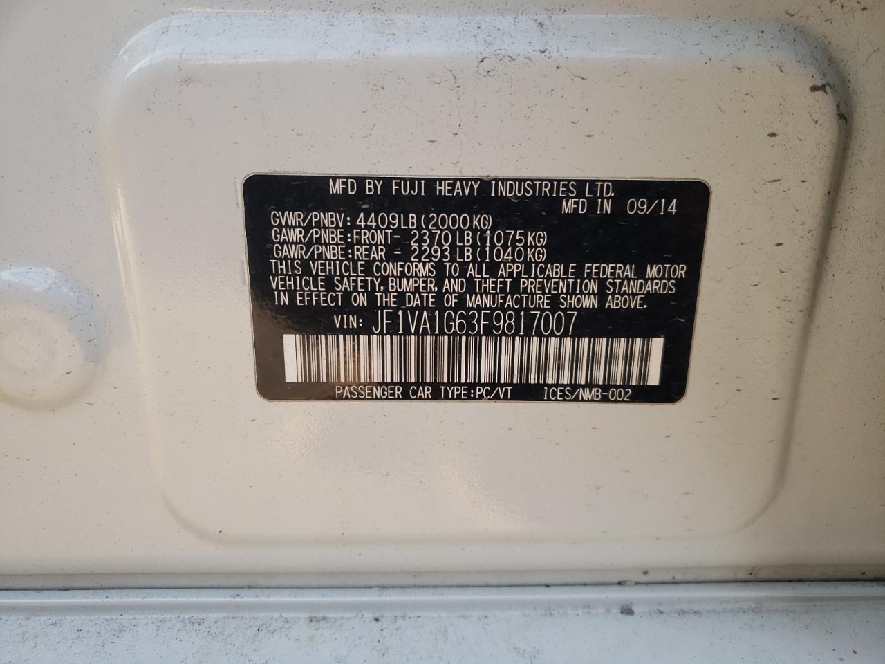 Photo 10 from auction – 2015 SUBARU WRX LIMITE with VIN JF1VA1G63F9817007