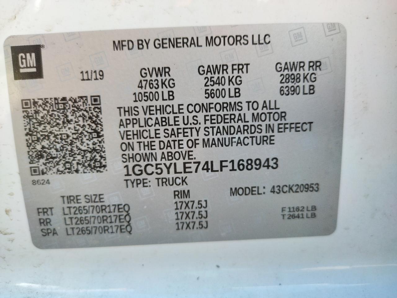 Photo 10 from auction – 2020 CHEVROLET SILVERADO with VIN 1GC5YLE74LF168943