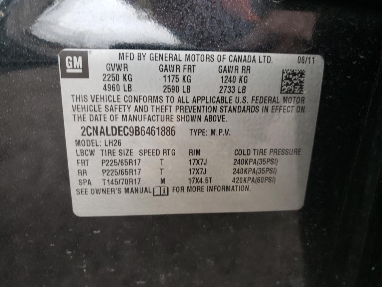 Photo 10 from auction – 2011 CHEVROLET EQUINOX LT with VIN 2CNALDEC9B6461886