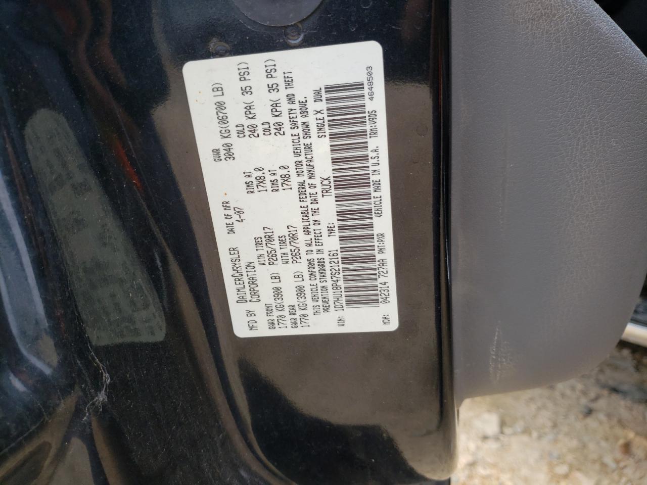 Photo 10 from auction – 2007 DODGE RAM 1500 S with VIN 1D7HU18P47S212161
