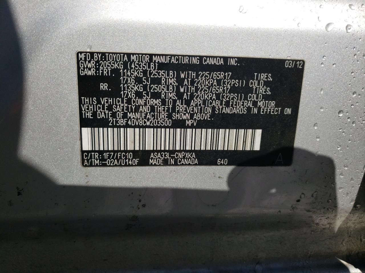 Photo 10 from auction – 2012 TOYOTA RAV4 with VIN 2T3BF4DV8CW203500