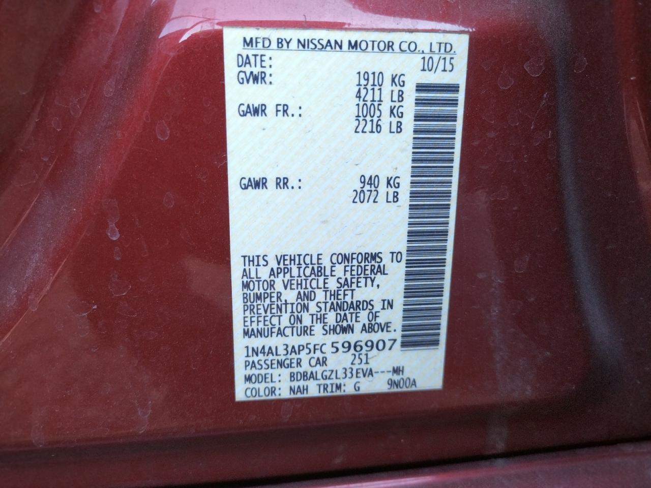 Photo 10 from auction – 2015 NISSAN ALTIMA 2.5 with VIN 1N4AL3AP5FC596907
