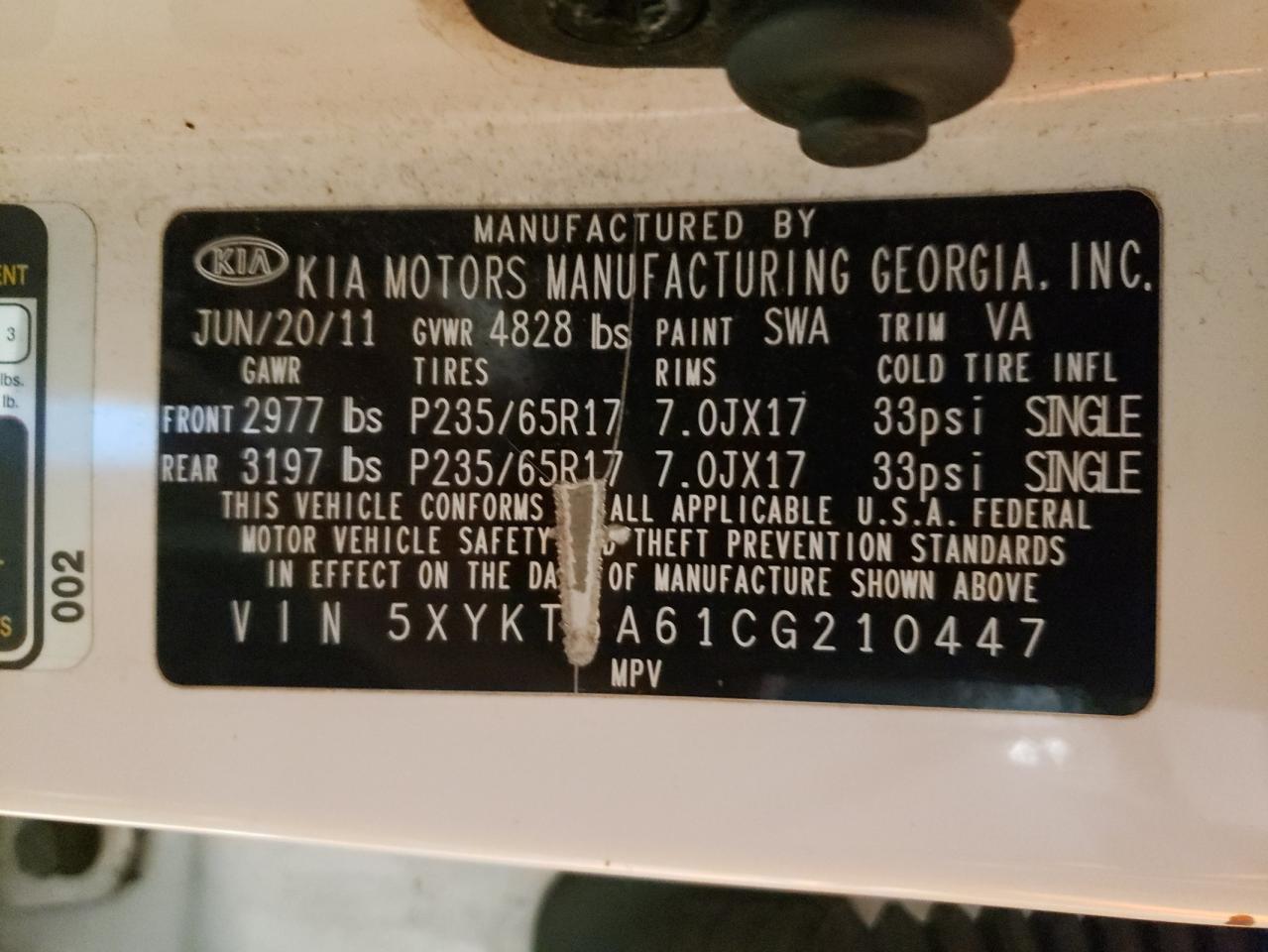 Photo 10 from auction – 2012 KIA SORENTO BA with VIN 5XYKT3A61CG210447