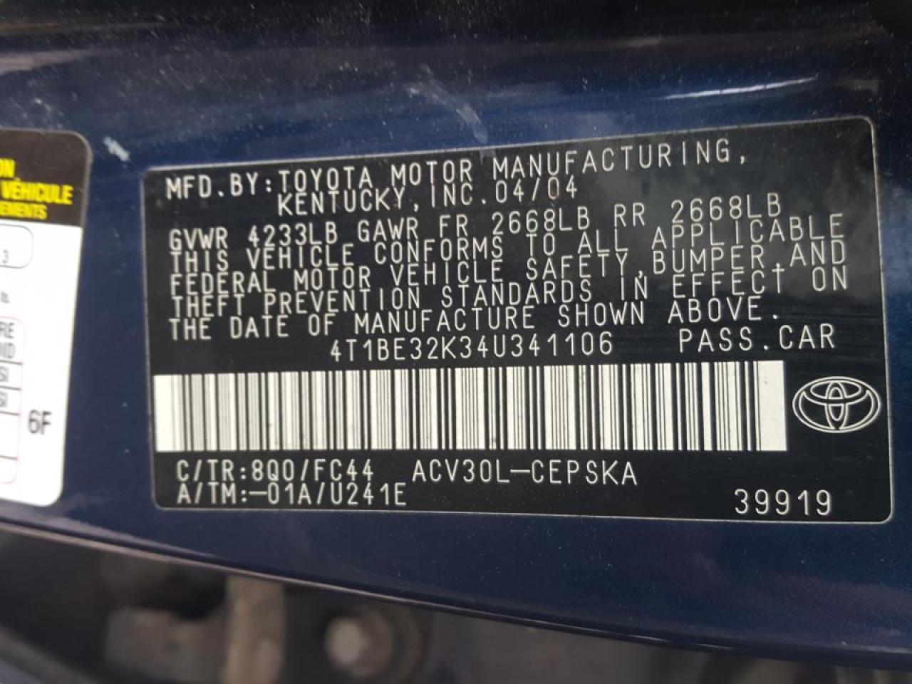 Photo 10 from auction – 2004 TOYOTA CAMRY LE with VIN 4T1BE32K34U341106