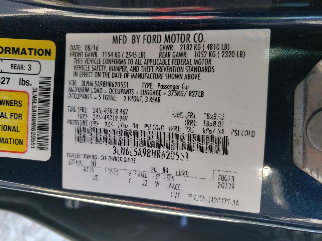 Photo 10 from auction – 2017 LINCOLN MKZ PREMIE with VIN 3LN6L5A98HR620551
