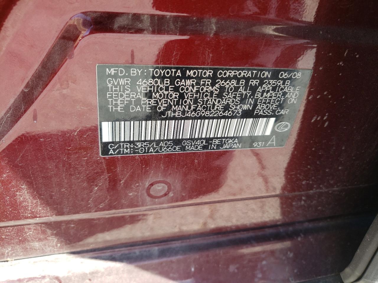 Photo 10 from auction – 2008 LEXUS ES 350 with VIN JTHBJ46G982264673