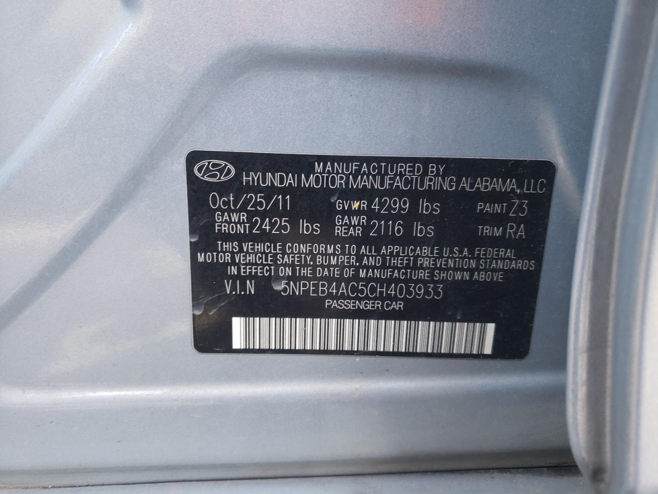 Photo 10 from auction – 2012 HYUNDAI SONATA GLS with VIN 5NPEB4AC5CH403933