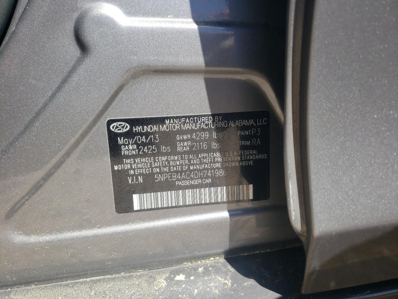 Photo 10 from auction – 2013 HYUNDAI SONATA GLS with VIN 5NPEB4AC4DH741986