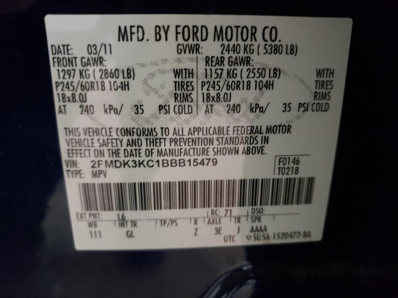 Photo 10 from auction – 2011 FORD EDGE LIMIT with VIN 2FMDK3KC1BBB15479