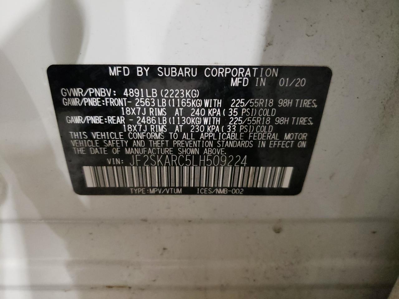 Photo 10 from auction – 2020 SUBARU FORESTER S with VIN JF2SKARC5LH509224