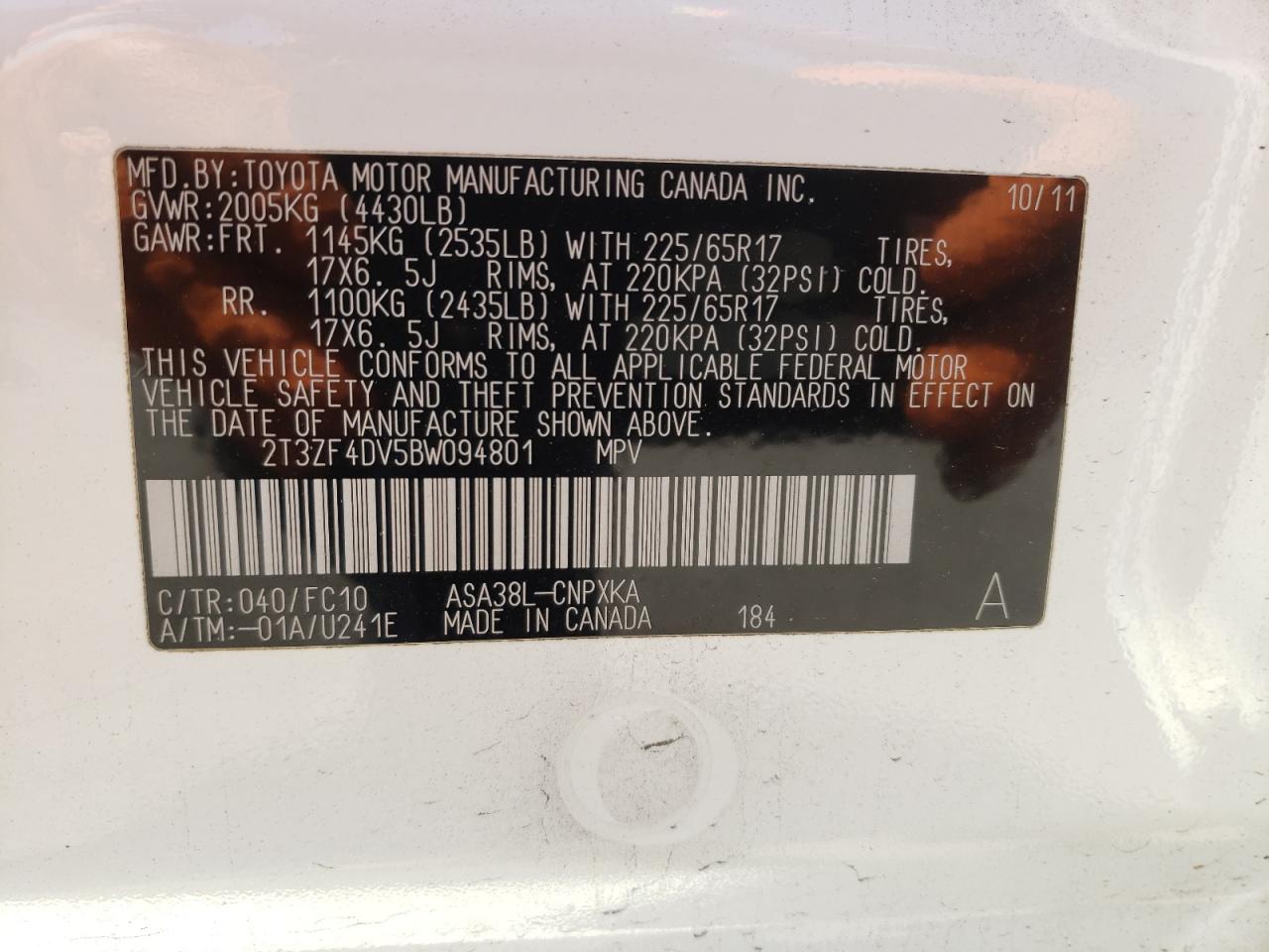 Photo 10 from auction – 2011 TOYOTA RAV4 with VIN 2T3ZF4DV5BW094801