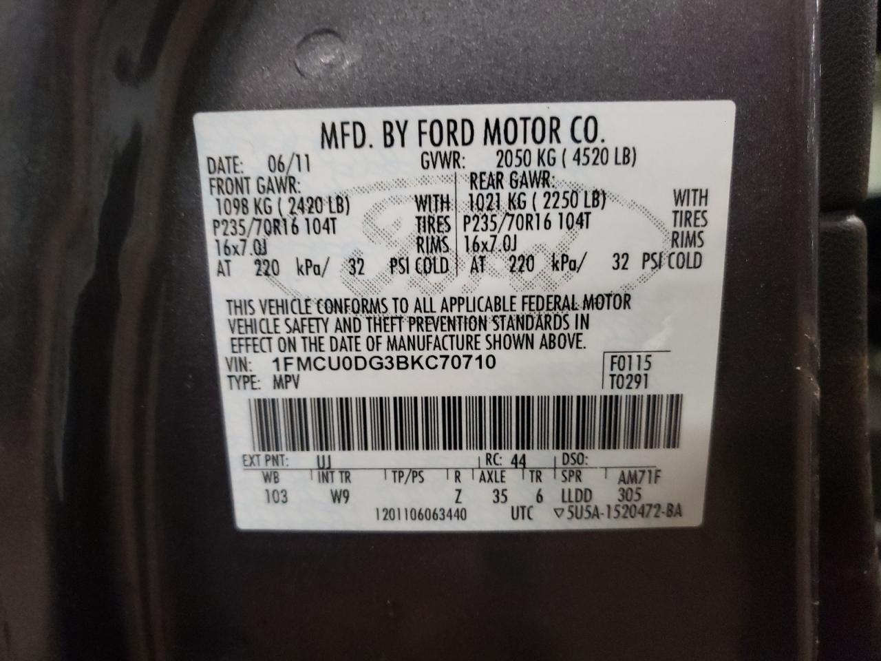 Photo 10 from auction – 2011 FORD ESCAPE XLT with VIN 1FMCU0DG3BKC70710