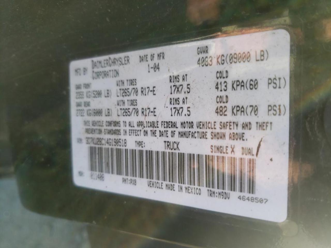Photo 10 from auction – 2004 DODGE RAM 2500 S with VIN 3D7KU28C14G190518