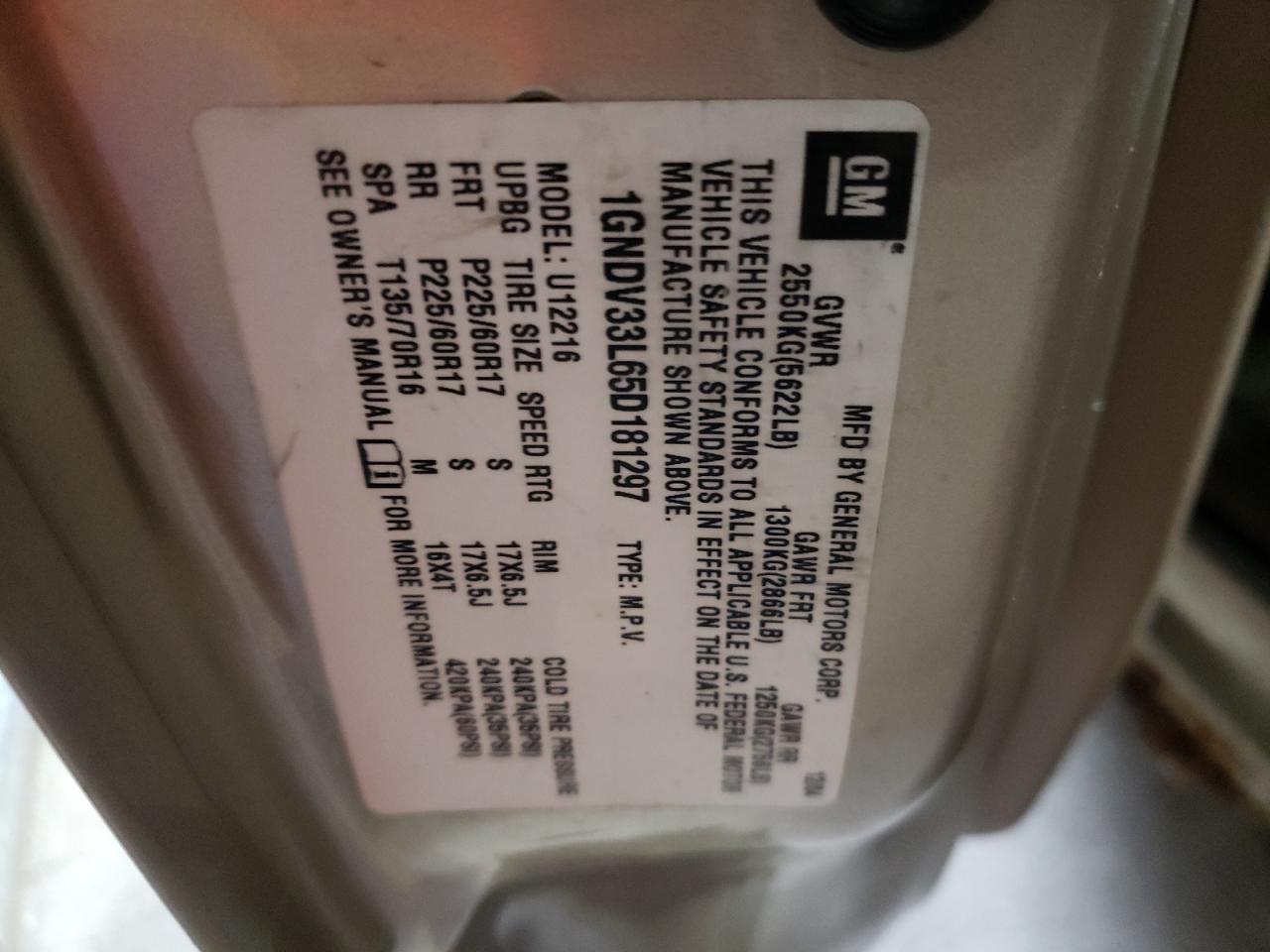 Photo 10 from auction – 2005 CHEVROLET UPLANDER L with VIN 1GNDV33L65D181297