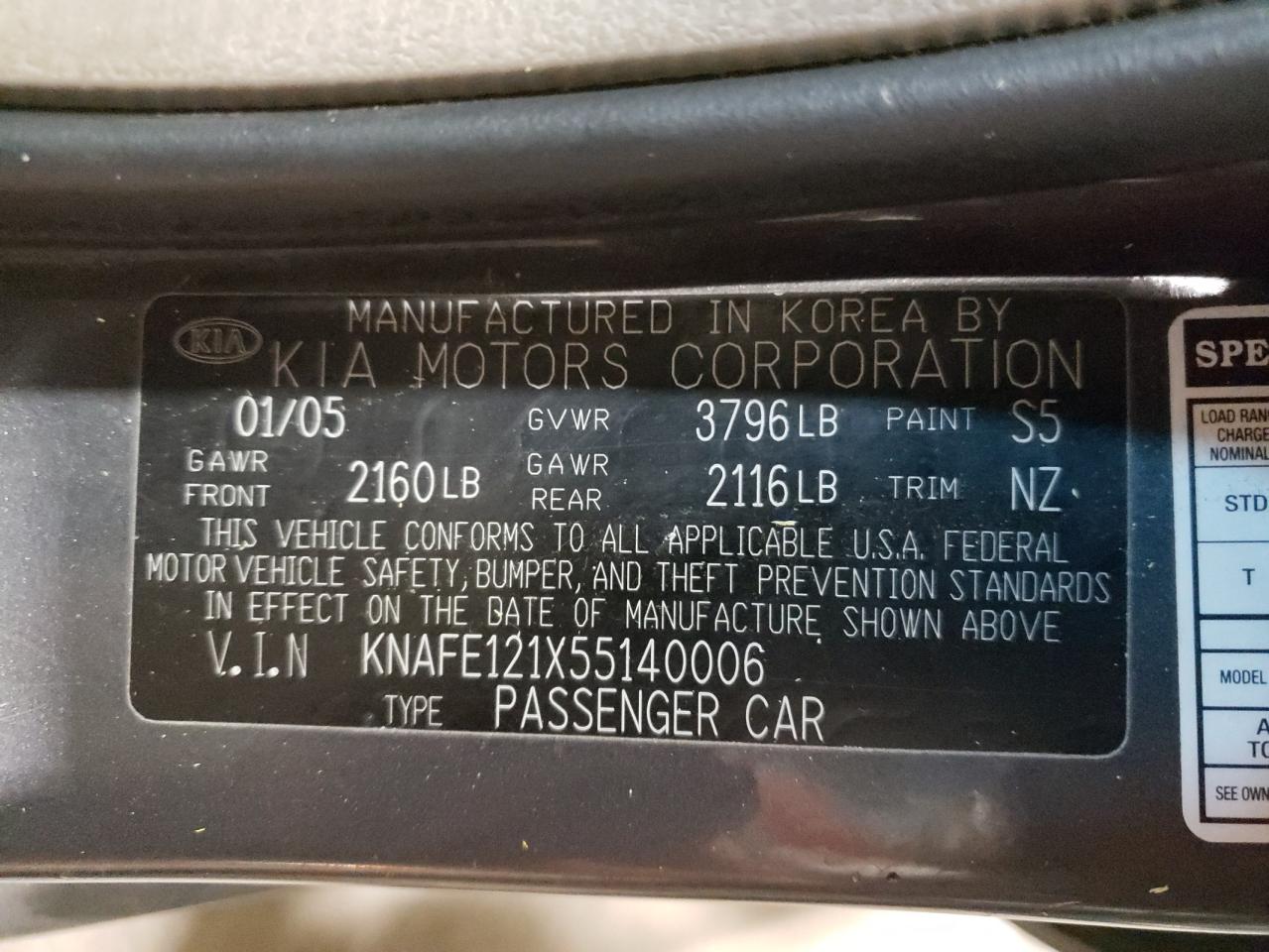 Photo 10 from auction – 2005 KIA SPECTRA LX with VIN KNAFE121X55140006