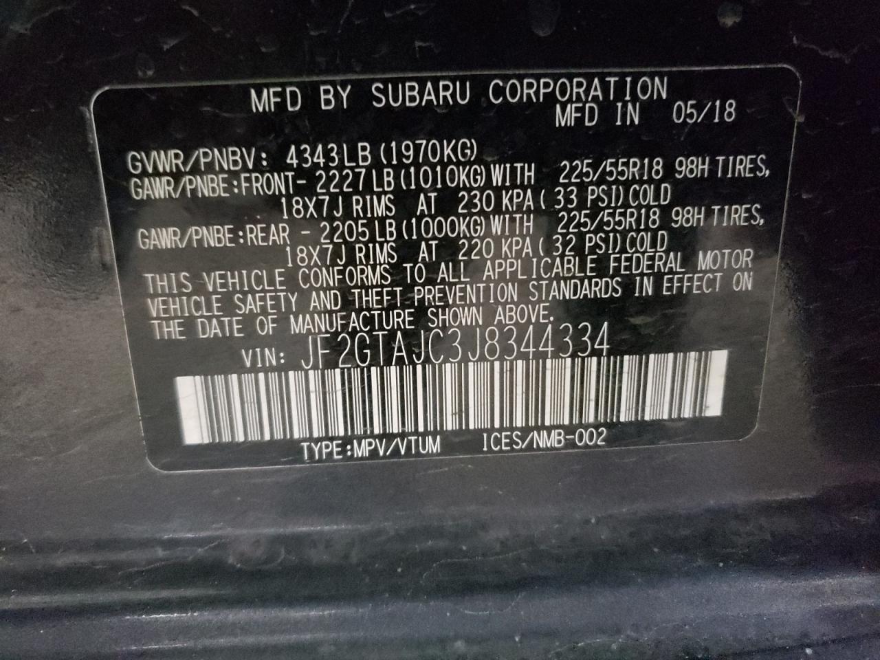 Photo 10 from auction – 2018 SUBARU CROSSTREK with VIN JF2GTAJC3J8344334