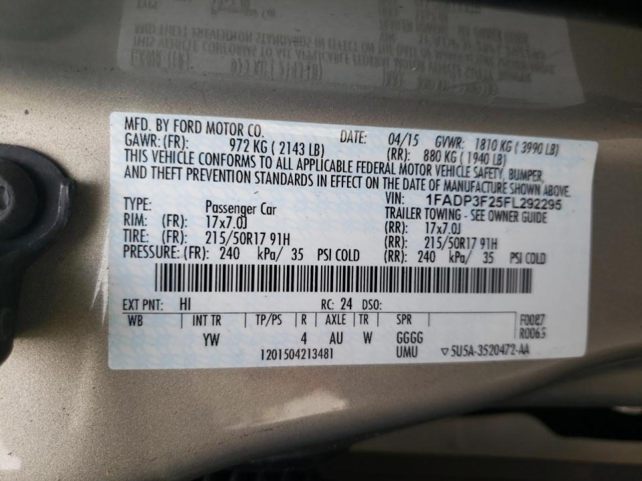 Photo 10 from auction – 2015 FORD FOCUS SE with VIN 1FADP3F25FL292295