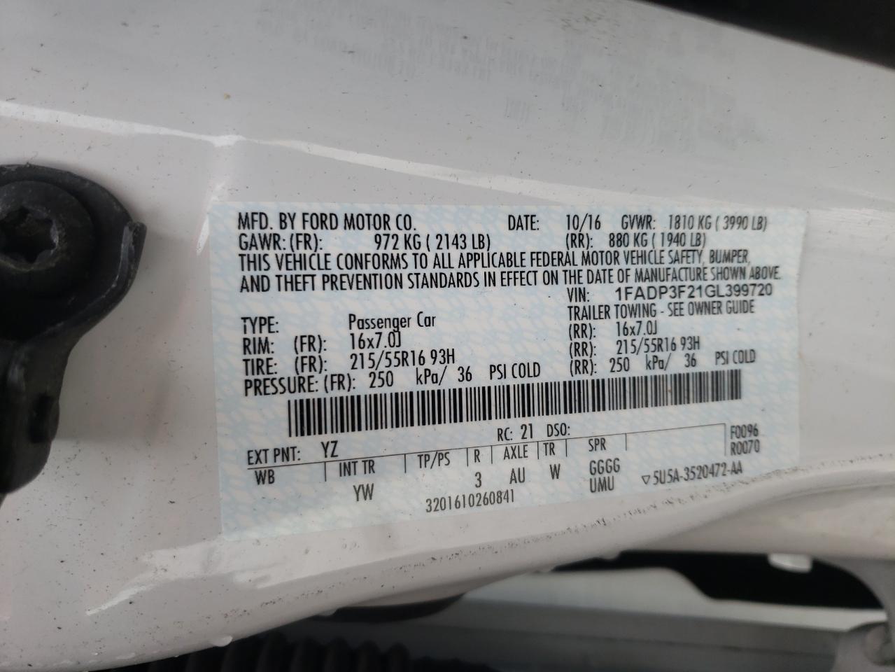 Photo 10 from auction – 2016 FORD FOCUS SE with VIN 1FADP3F21GL399720